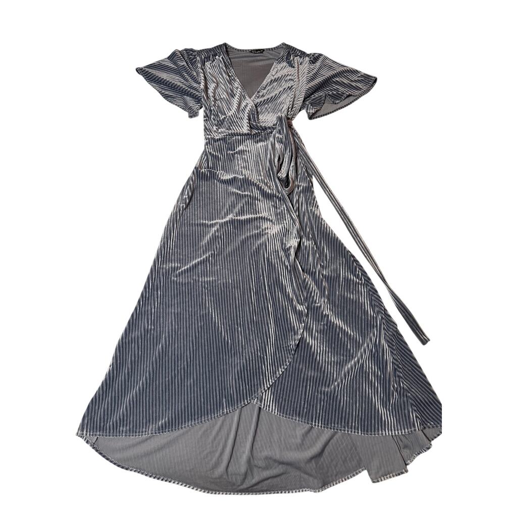 Simplee Velvet Striped Gray Blue Midi Wrap Cocktail Dress Large Boho Glam Event